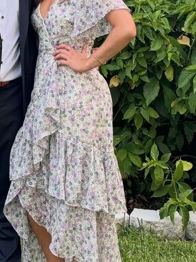 Astr Floral Ruffle Midi Dress in Light Lavender and White